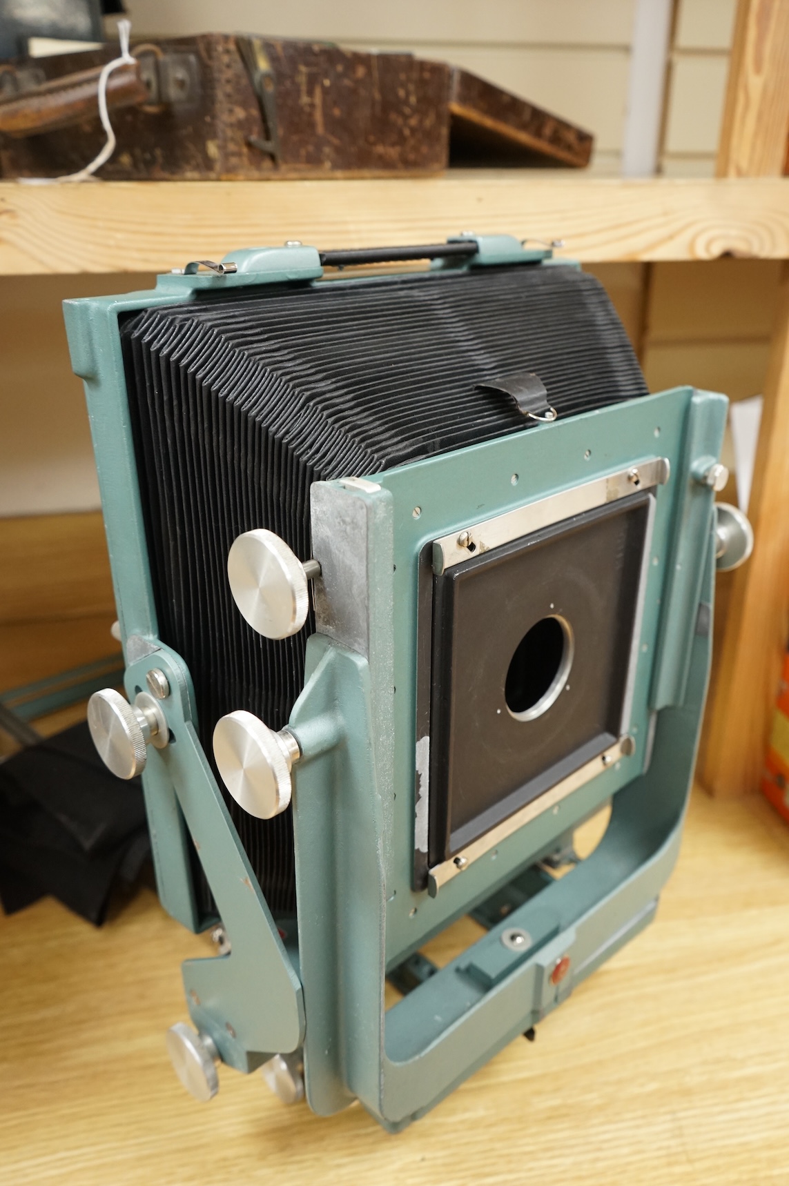 A Calumet C1, 1950s 10 x8 studio camera in its original flight case with applied label reading; ‘Calumet Manufacturing Company, Chicago, Illinois, Made in U.S.A.’